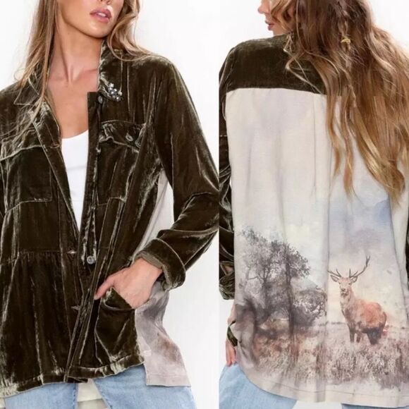 Aratta Silent Journey Fall ShadowShirt Green Crushed Velvet Elk Oversized Sz XL - Picture 1 of 16